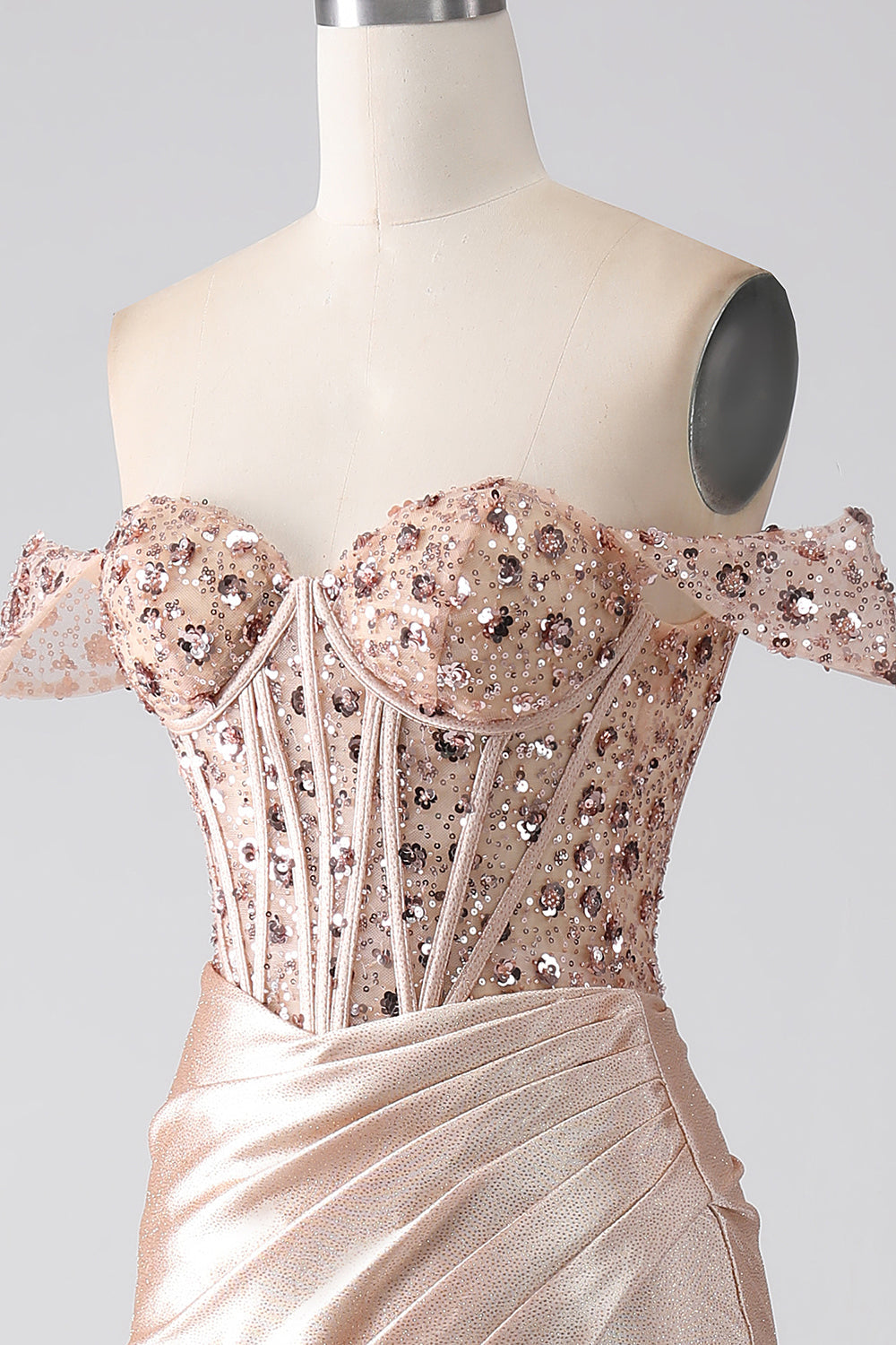 Sparkly Mermaid Champagne Off The Shoulder Corset Prom Dress with Slit