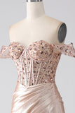 Sparkly Mermaid Champagne Off The Shoulder Corset Prom Dress with Slit