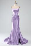 Royal Blue Mermaid Strapless Corset Long Prom Dress with Slit
