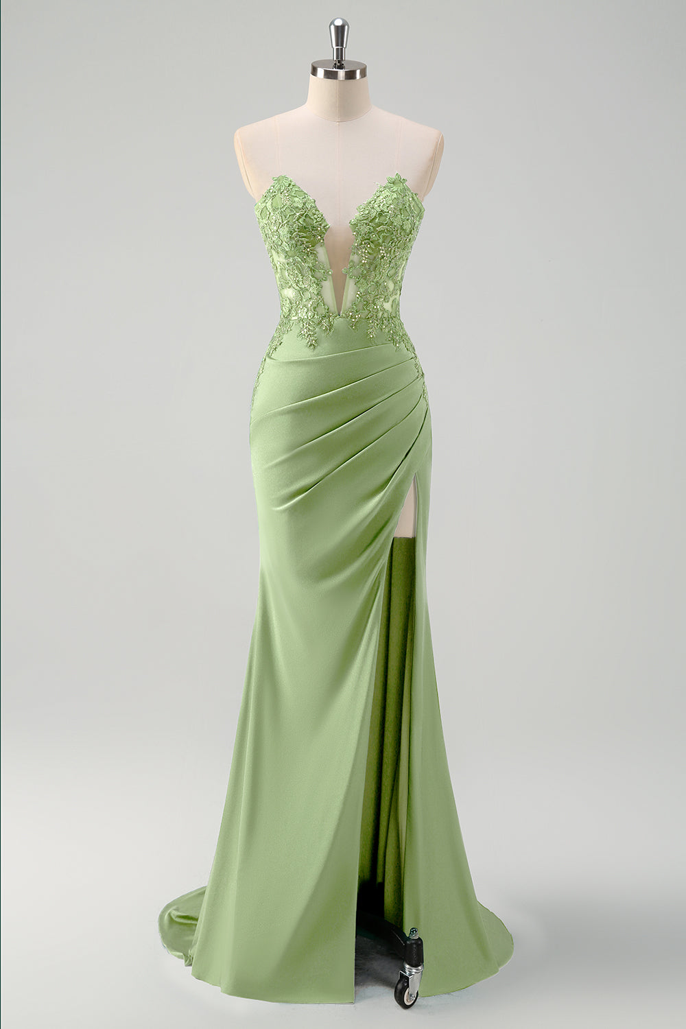 Green Mermaid Strapless Corset Sequin Long Prom Dress with Slit