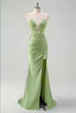 Green Mermaid Strapless Corset Sequin Long Prom Dress with Slit