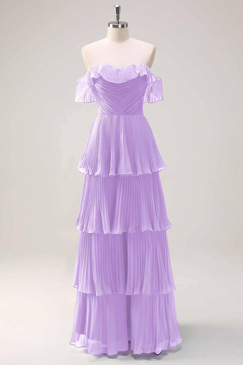 Eucalyptus A-Line Off The Shoulder Tiered Pleated Floor Length Bridesmaid Dress