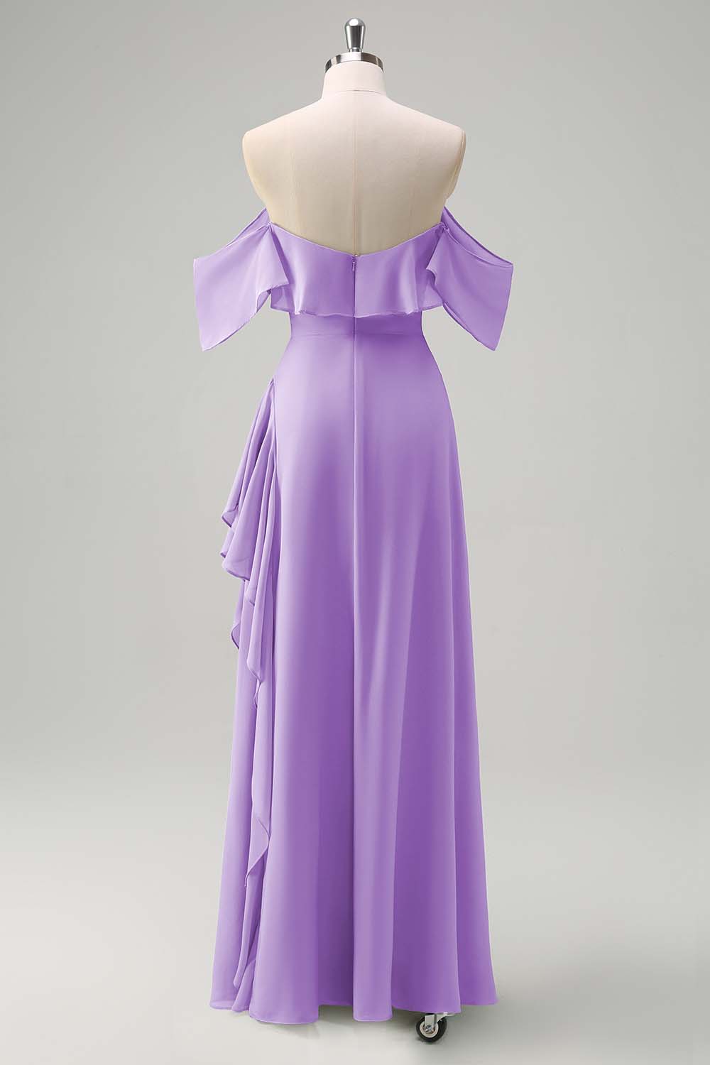 Light Green Sheath Off The Shoulder Chiffon Long Bridesmaid Dress with Ruffle Slit