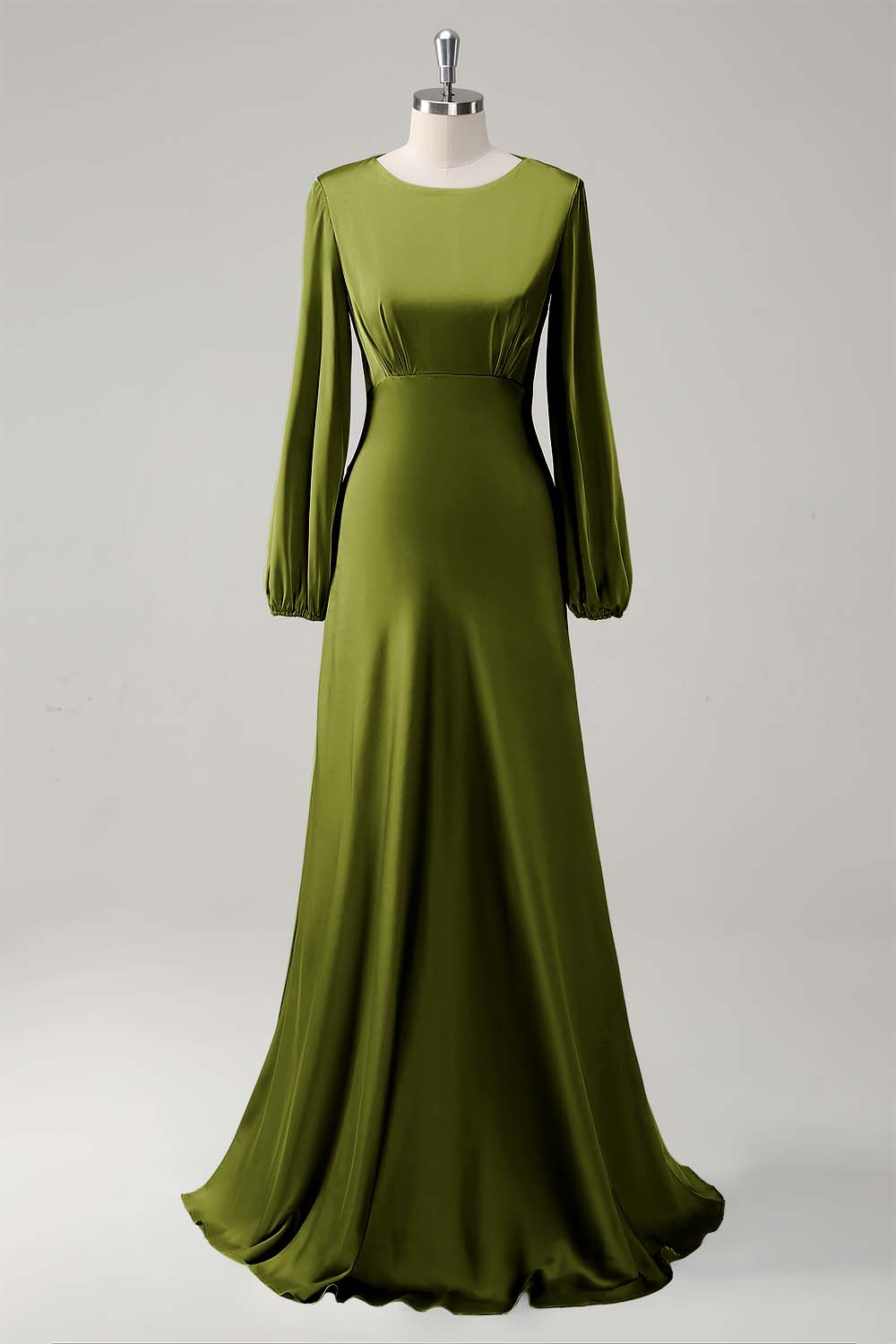Agave A-Line Round Neck Satin Long Bridesmaid Dress with Long Sleeves