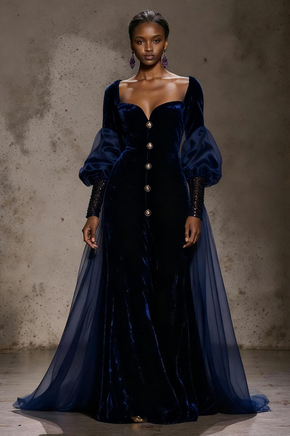 Burgundy Long Sleeve Velvet A Line Evening Dress