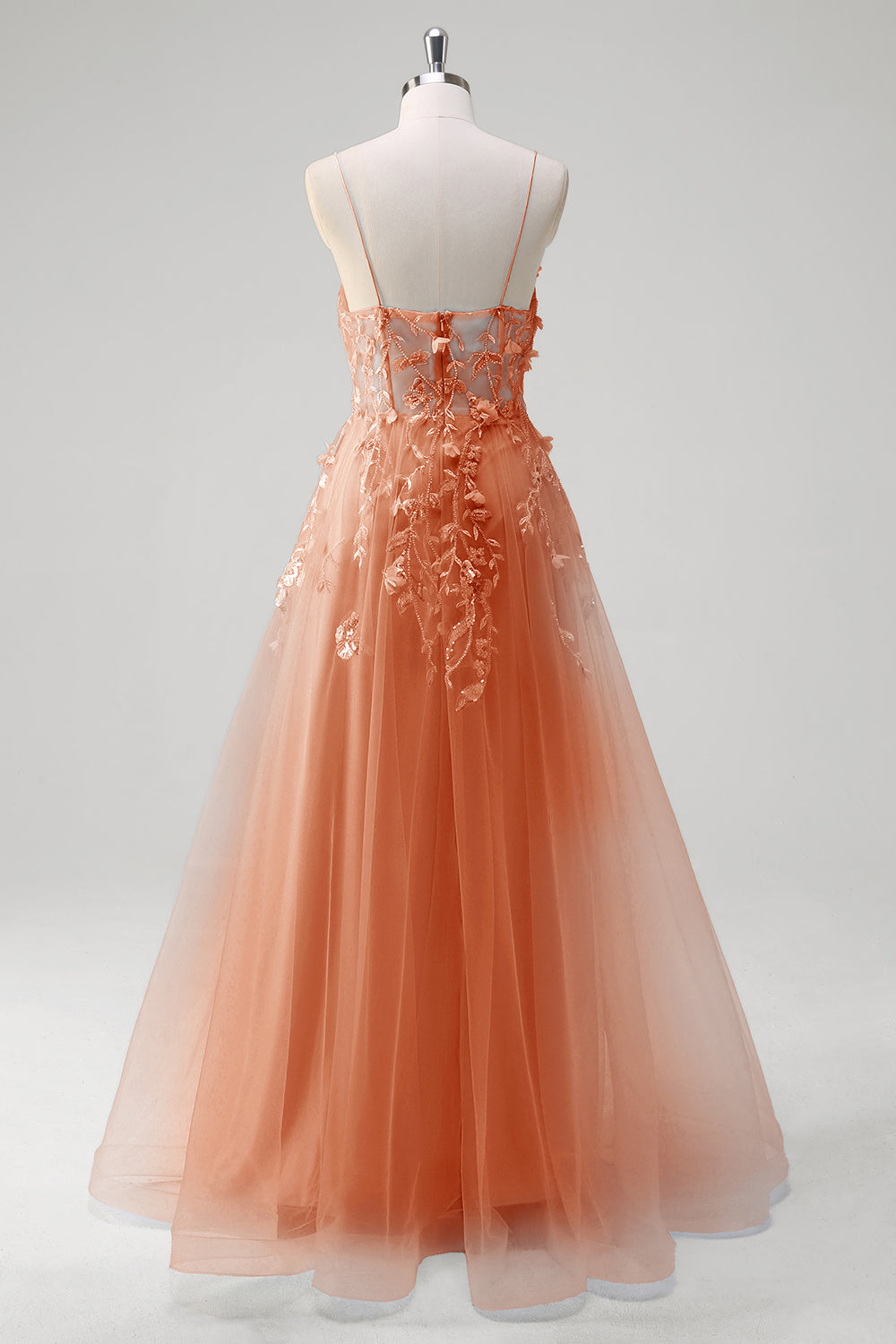 Blue A Line Spaghetti Straps Appliqued Corset Tulle Long Prom Dress