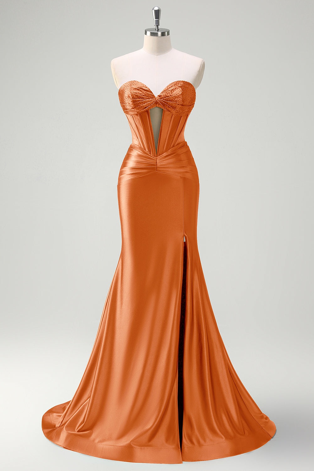 Dark Green Mermaid Strapless Beaded Corset Keyhole Satin Prom Dress with Slit