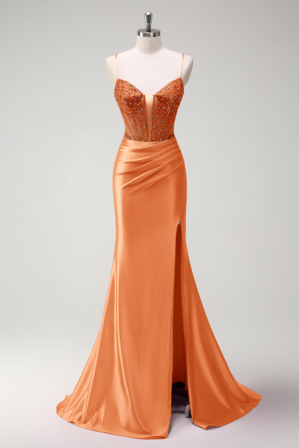 Black Mermaid Beaded Corset Satin Long Prom Dress with Slit