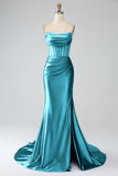 Royal Blue Mermaid Strapless Corset Long Prom Dress with Slit