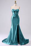 Sparkly Dark Green Mermaid Sweetheart Corset Long Prom Dress with Slit