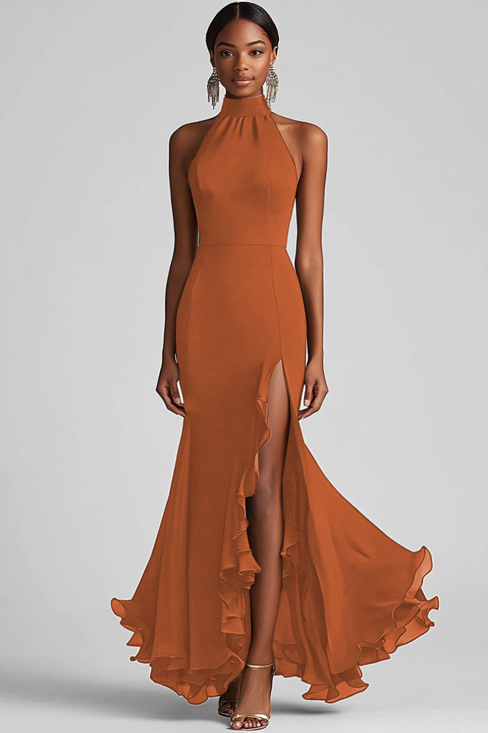 Halter Neck Black Ruffles Mermaid Long Formal Dress with Slit