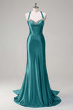 Sparkly Dark Green Mermaid Halter Corset Long Sequin Prom Dress