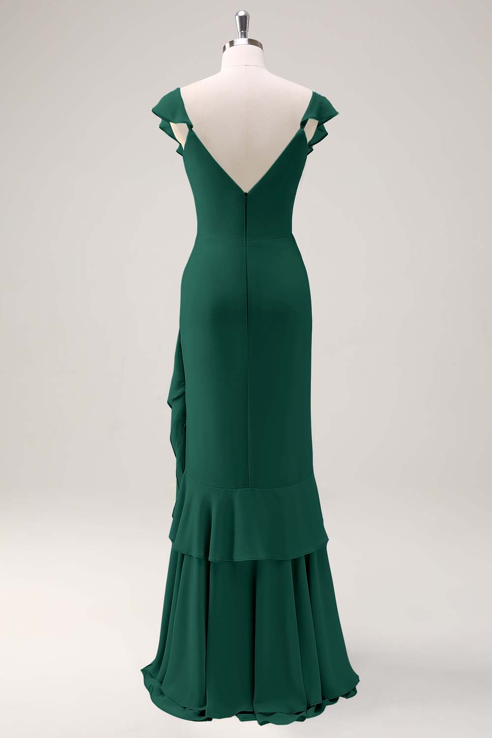 Dusty Sage Sheath V Neck Chiffon Long Bridesmaid Dress with Ruffles