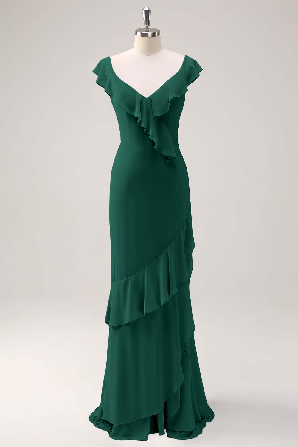 Dusty Sage Sheath V Neck Chiffon Long Bridesmaid Dress with Ruffles