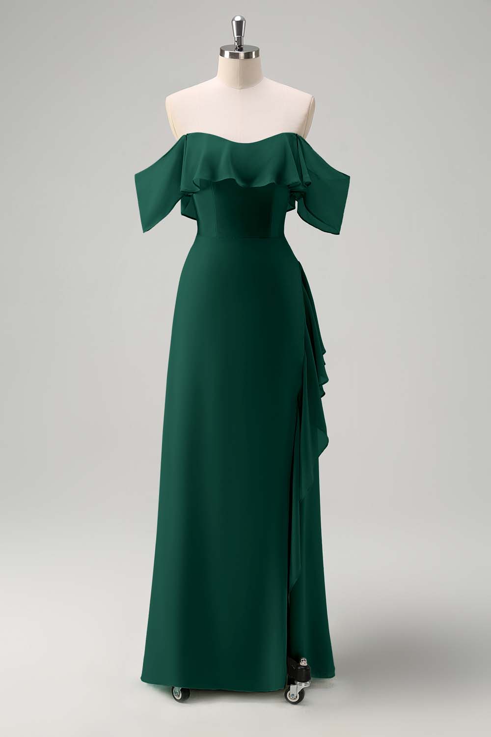 Light Green Sheath Off The Shoulder Chiffon Long Bridesmaid Dress with Ruffle Slit