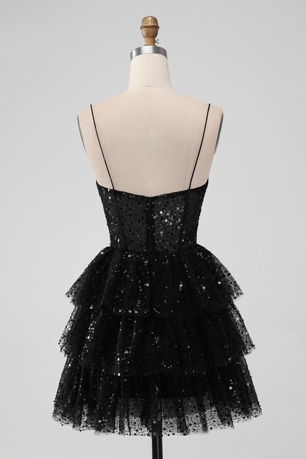 Sparkly Spaghetti Straps Tiered Little Black Dress with Sequins
