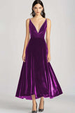 Burgundy Velvet V Neck Spaghetti Straps Formal Dress
