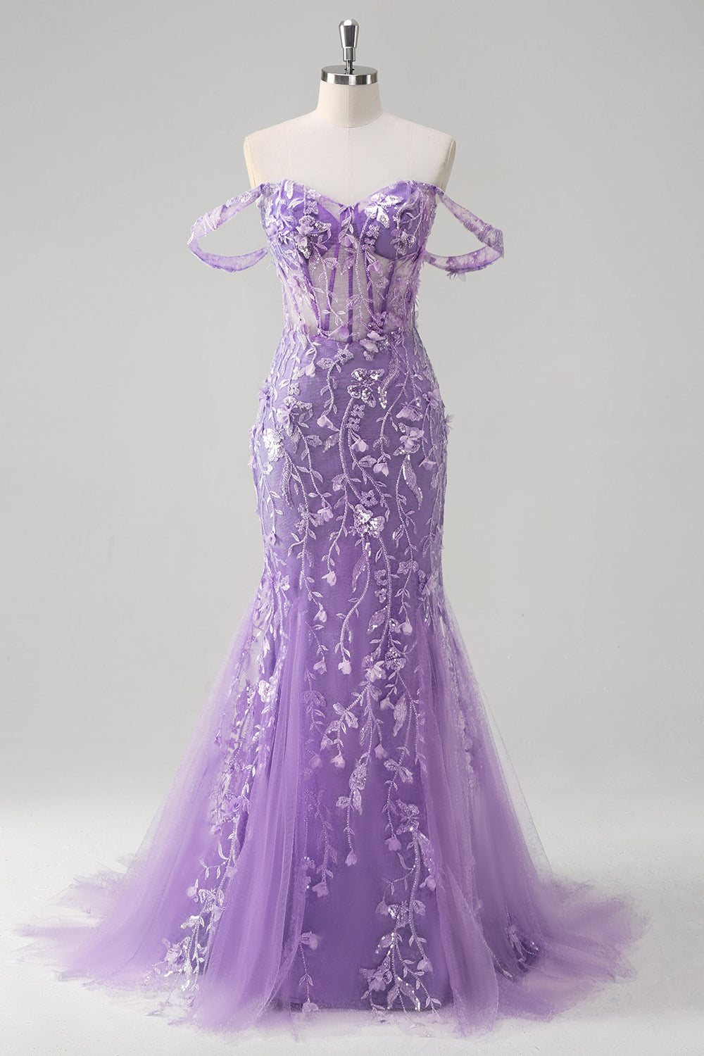 Blue Mermaid Off the Shoulder Floral Corset Prom Dress with Sequins