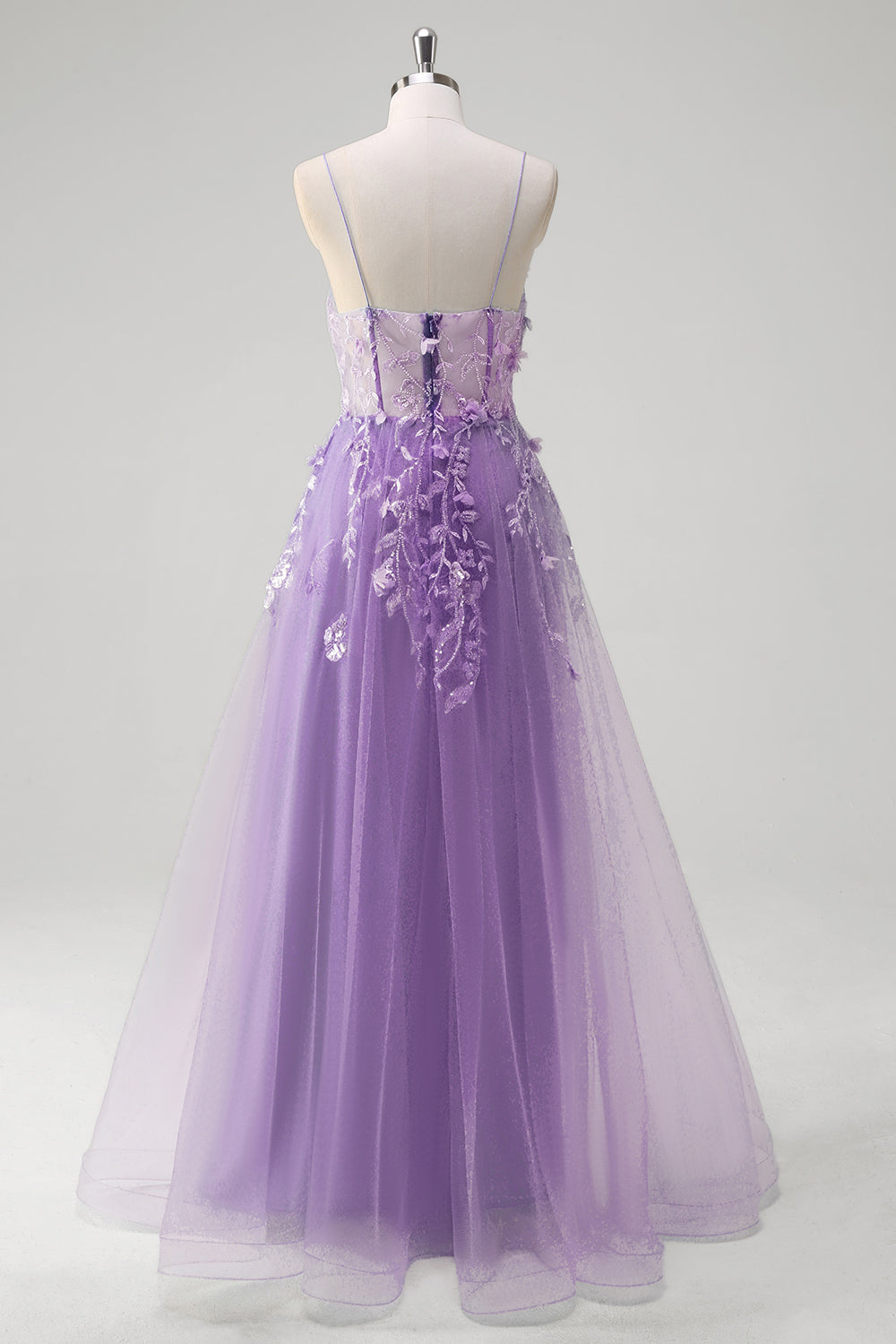 Blue A Line Spaghetti Straps Appliqued Corset Tulle Long Prom Dress