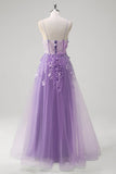 Blue A Line Spaghetti Straps Appliqued Corset Tulle Long Prom Dress