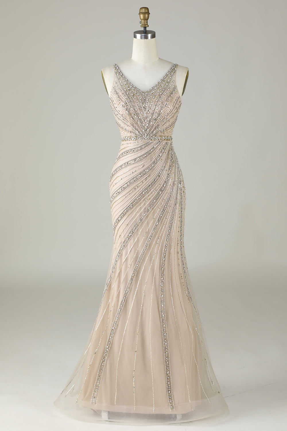 Sparkly Champagne Mermaid Beaded Long Prom Dress with Wrap
