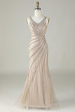Sparkly Champagne Mermaid Beaded Long Prom Dress with Wrap