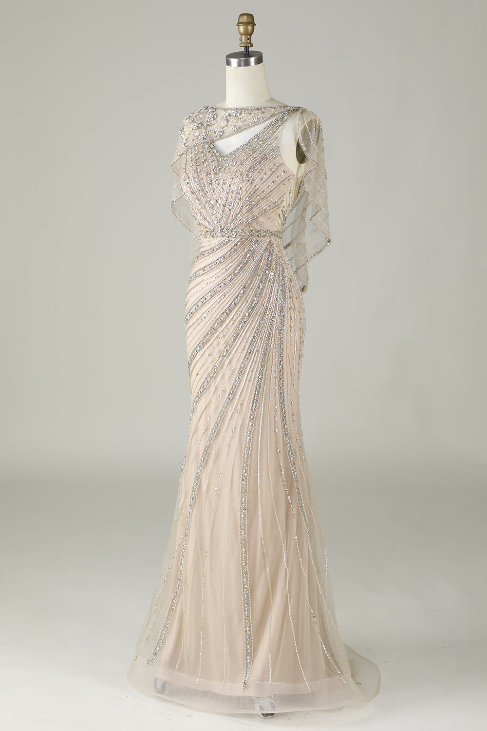 Sparkly Champagne Mermaid Beaded Long Prom Dress with Wrap