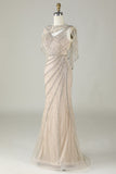 Sparkly Champagne Mermaid Beaded Long Prom Dress with Wrap