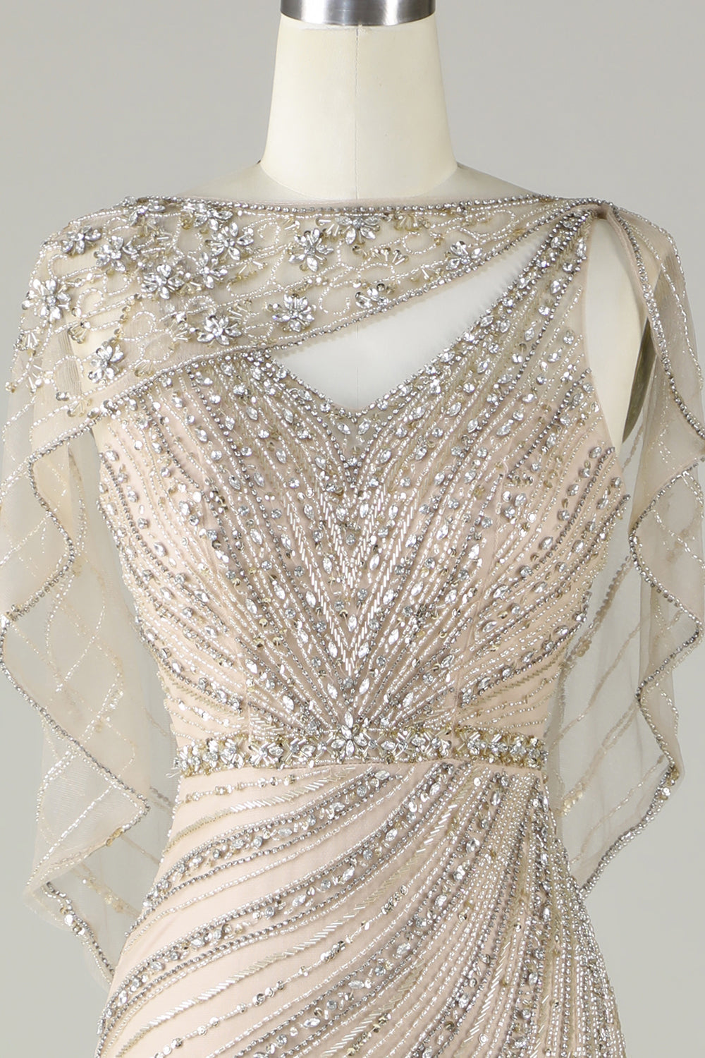 Sparkly Champagne Mermaid Beaded Long Prom Dress with Wrap