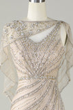 Sparkly Champagne Mermaid Beaded Long Prom Dress with Wrap