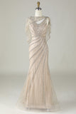 Sparkly Champagne Mermaid Beaded Long Prom Dress with Wrap