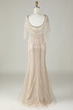 Sparkly Champagne Mermaid Beaded Long Prom Dress with Wrap