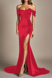 Black Mermaid Satin Off the Shoulder Evening Dress with Slit