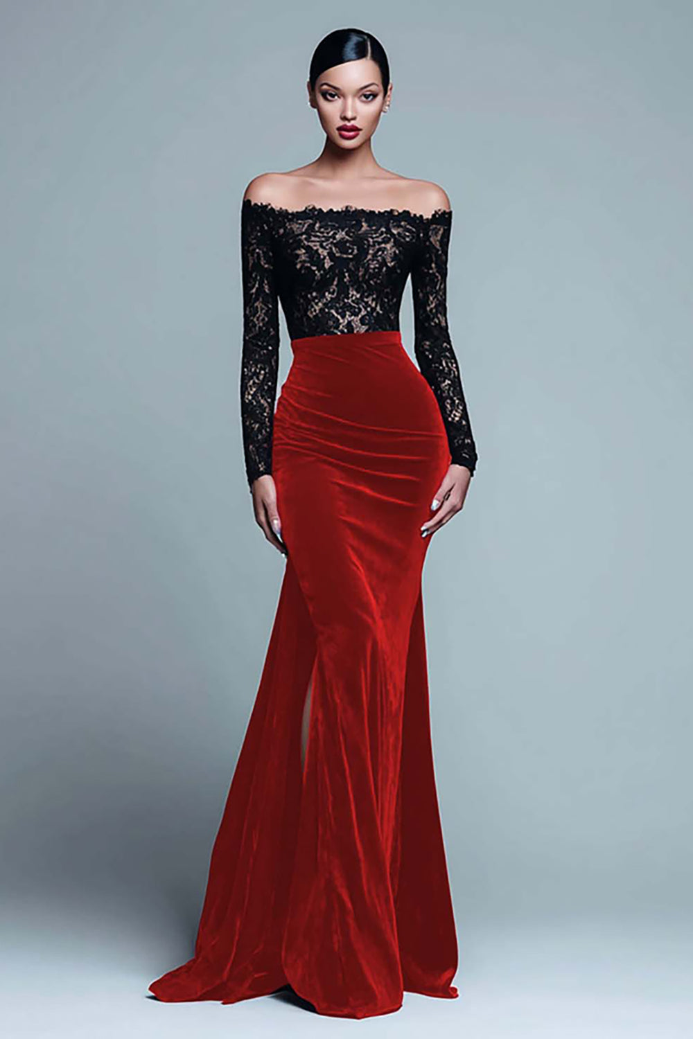 Black and Burgundy Velvet Mermaid Long Sleeve Lace Formal Dress