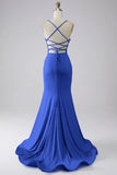 Light Blue Sparkly Mermaid Lace Up Back Long Prom Dress with Slit