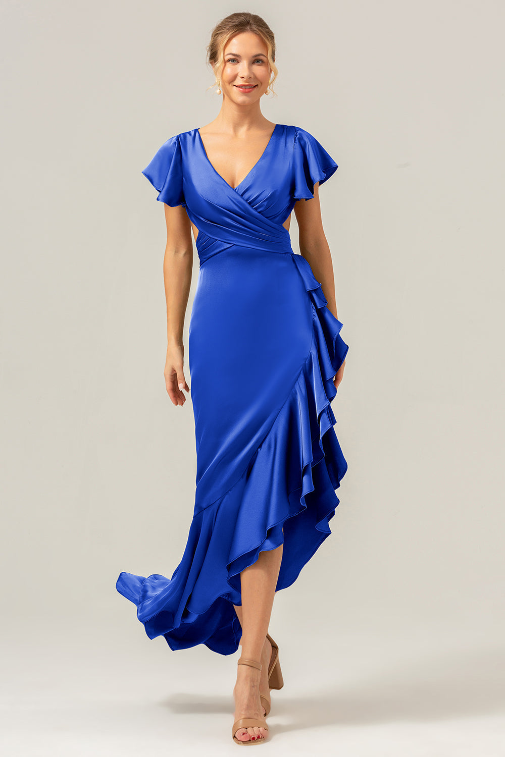 A Line V Neck Asymmetrical Dark Green Bridesmaid Dress with Ruffle Slit