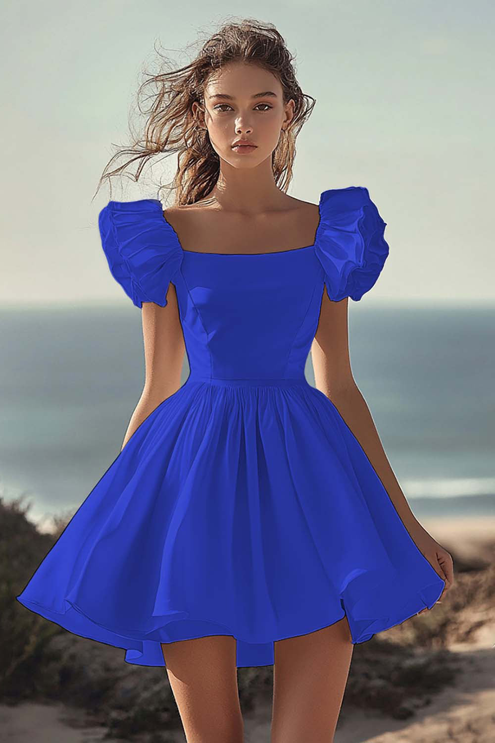 A Line White Puff Sleeves Ruched Short Graduation Dress