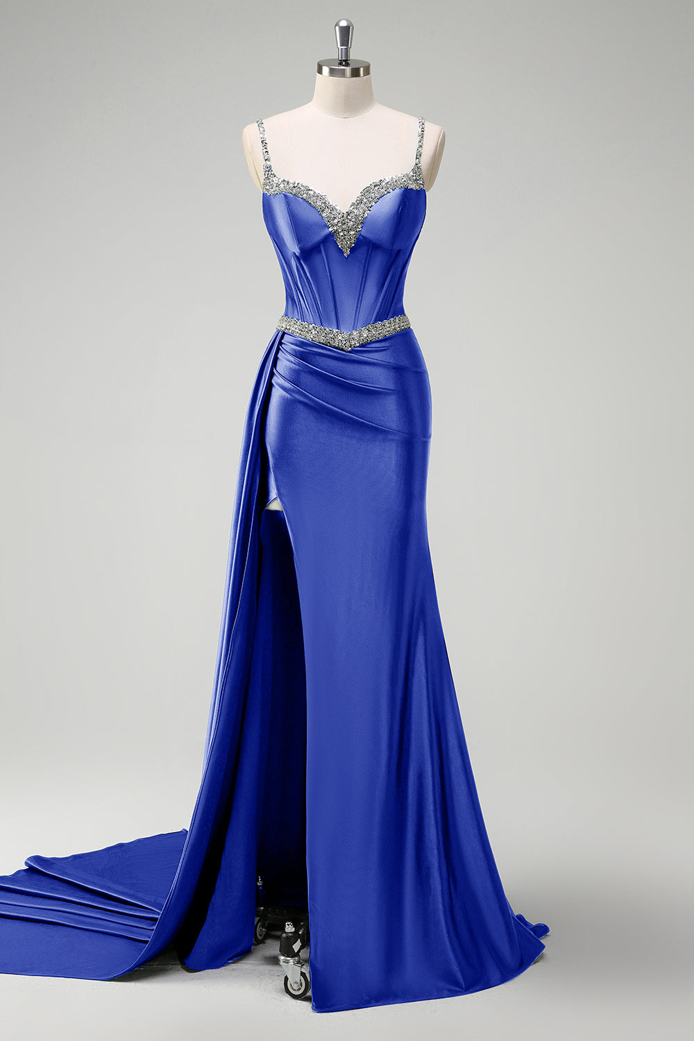 Sparkly Dark Green Mermaid Side Streamer Sequins Corset Satin Prom Dress with Slit