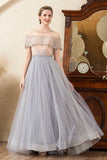 Grey Tulle A Line Beaded Glitter Mother of Bride Dress