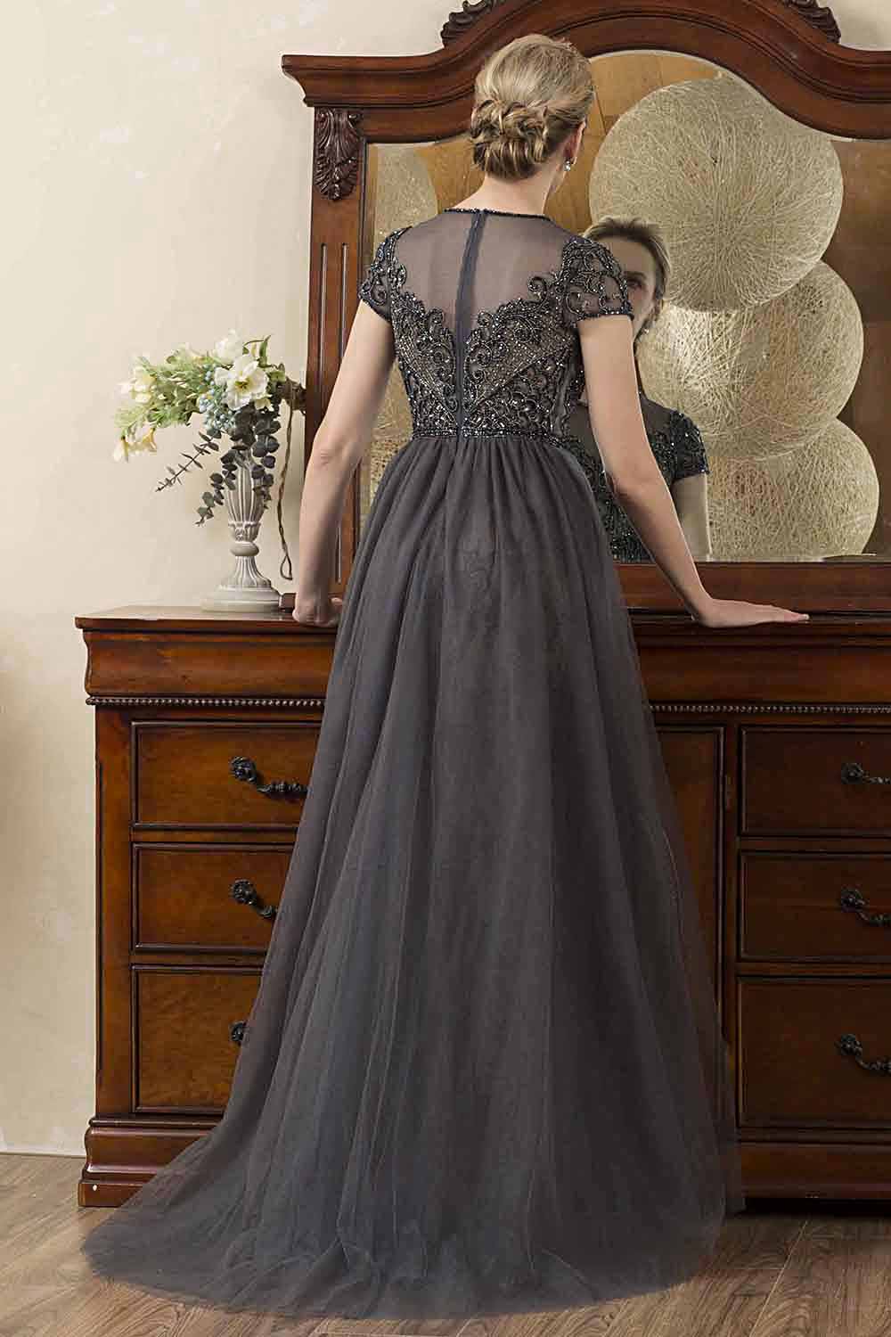 Grey A Line Tulle Beaded Glitter Mother of Bride Dress