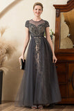 Grey A Line Tulle Beaded Glitter Mother of Bride Dress