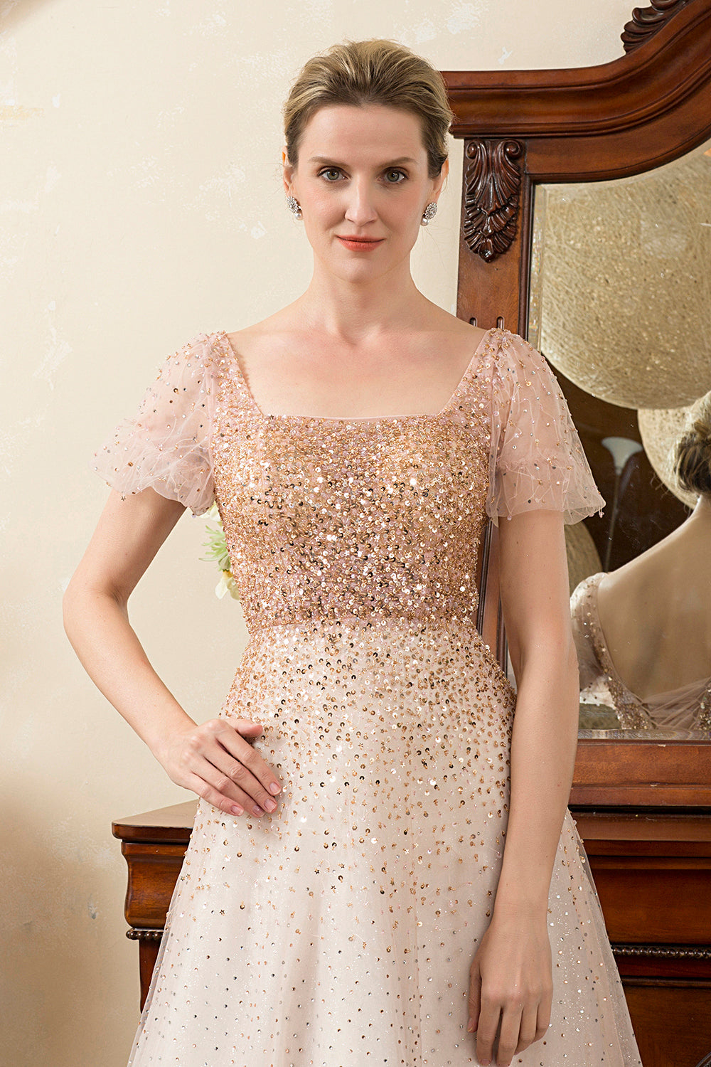Blush Beading A Line Sparkly Mother of Bride Dress
