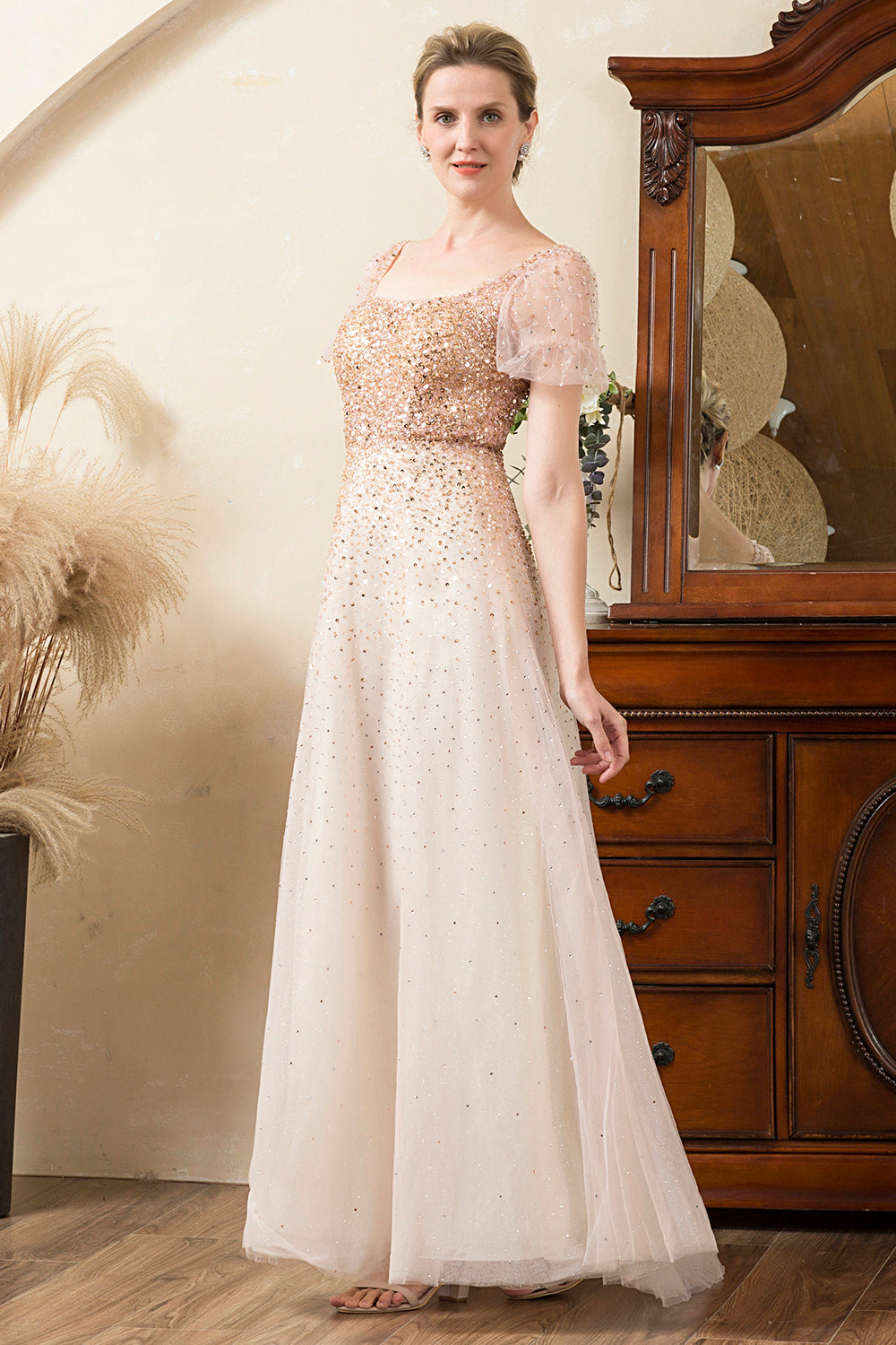 Blush Beading A Line Sparkly Mother of Bride Dress