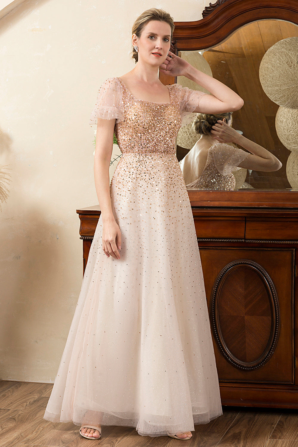 Blush Beading A Line Sparkly Mother of Bride Dress