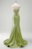 Dark Green Mermaid Strapless Beaded Corset Keyhole Satin Prom Dress with Slit