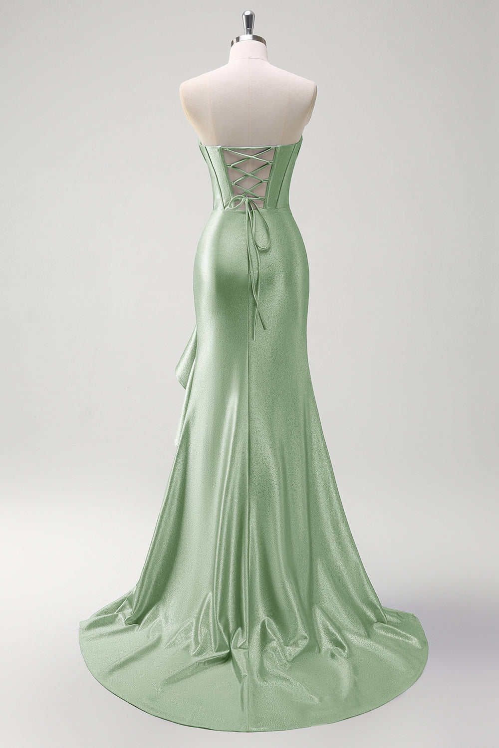 Sparkly Grey Blue Mermaid Ruffled Corset Strapless Satin Long Prom Dress with Slit