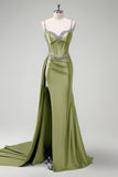 Sparkly Dark Green Mermaid Side Streamer Sequins Corset Satin Prom Dress with Slit