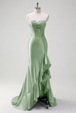Sparkly Grey Blue Mermaid Ruffled Corset Strapless Satin Long Prom Dress with Slit
