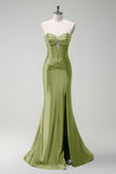 Dark Green Mermaid Beaded Keyhole Corset Satin Long Prom Dress with Slit