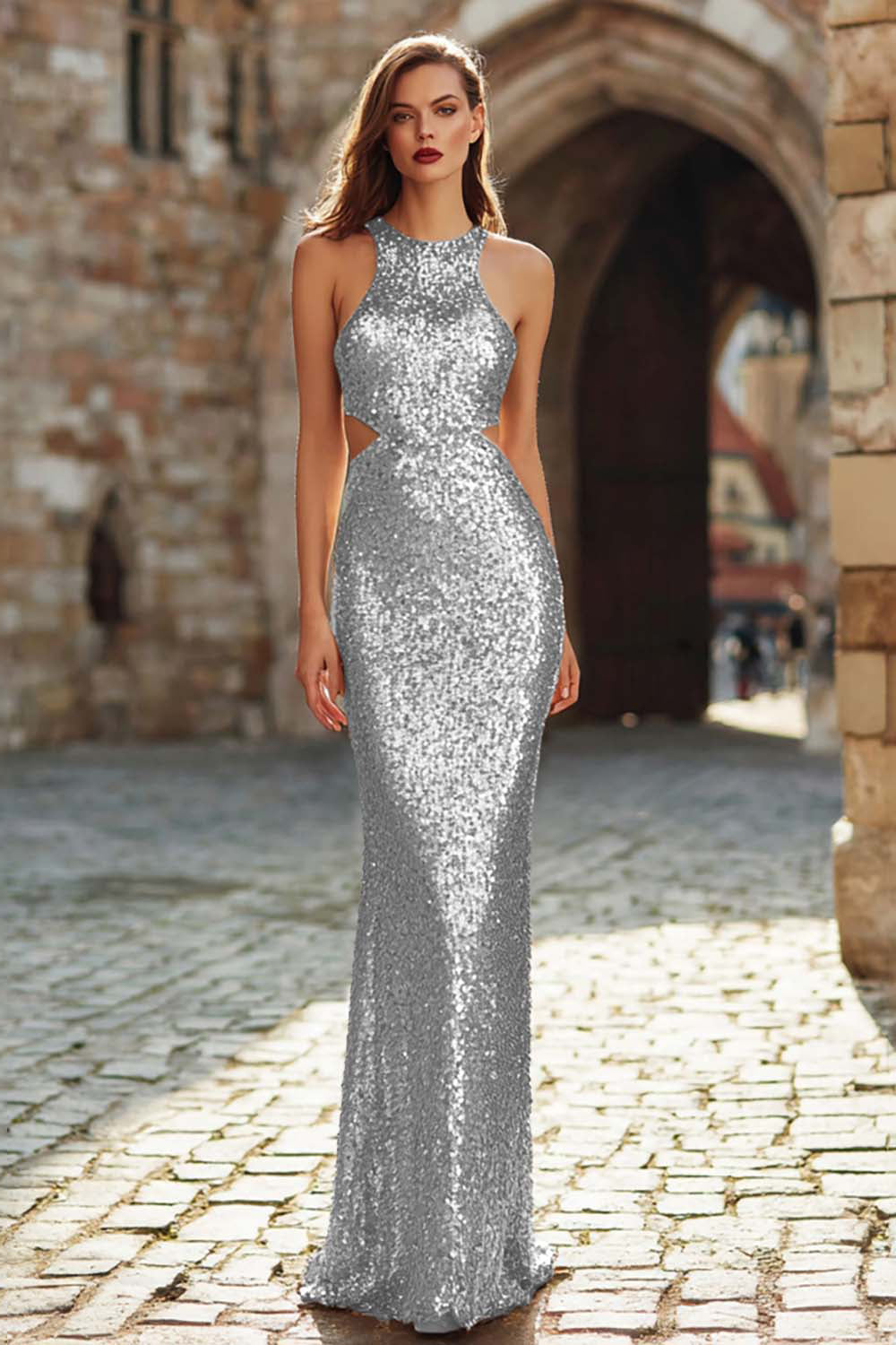 Sparkly Mermaid Halter Cut Out Gold Evening Dress